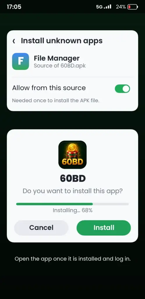 60BD APK install screen on Android – allow unknown apps and tap Install