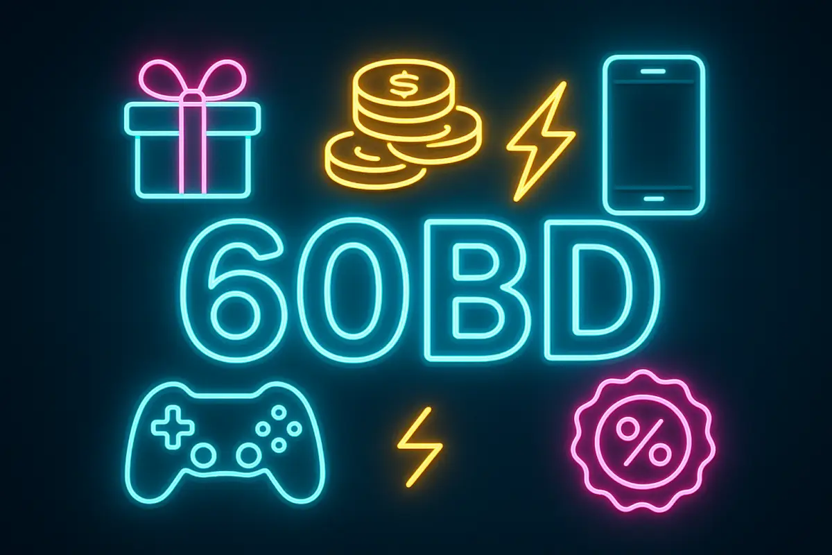 60BD (BD 60BD Games) bonuses on a phone screen welcome offer, cashback and free spins cards