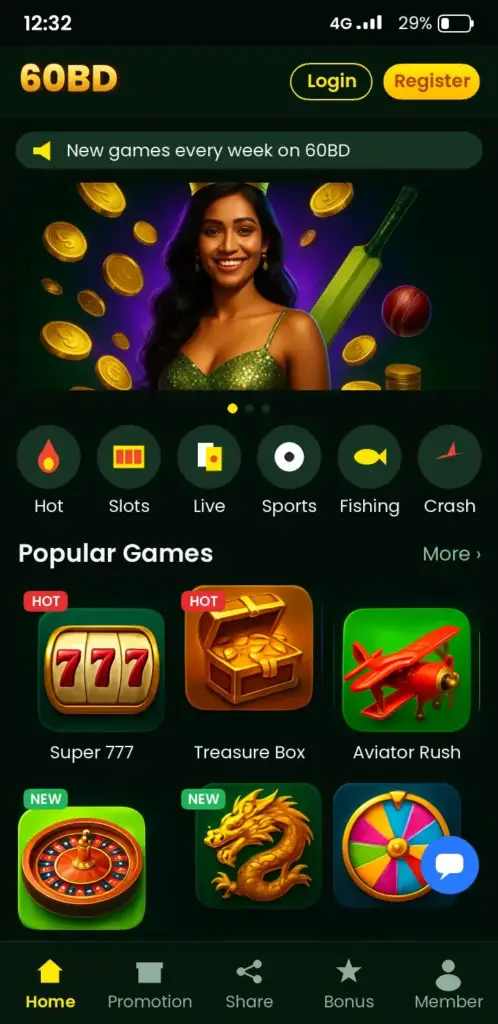 60BD Casino Games – app game lobby with slots, live casino and crash games