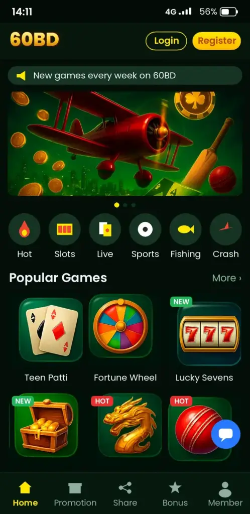 60BD app game lobby with slots, live casino and crash games