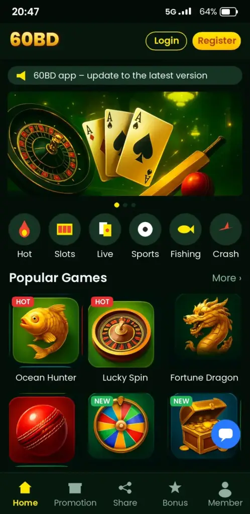 60BD app game lobby with slots, live casino and crash games
