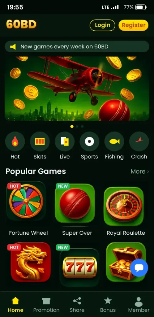 60BD app game lobby with slots, live casino and crash games