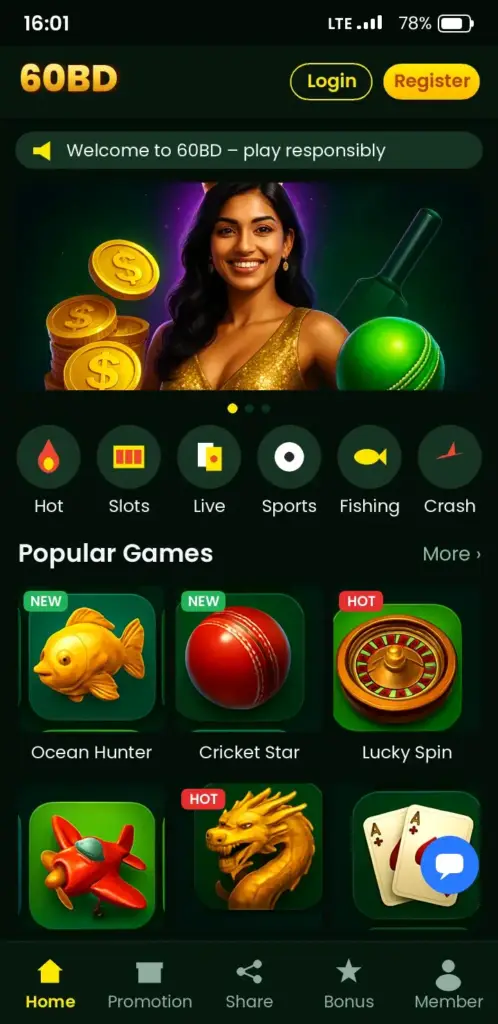 60BD Aviator – app game lobby with slots, live casino and crash games