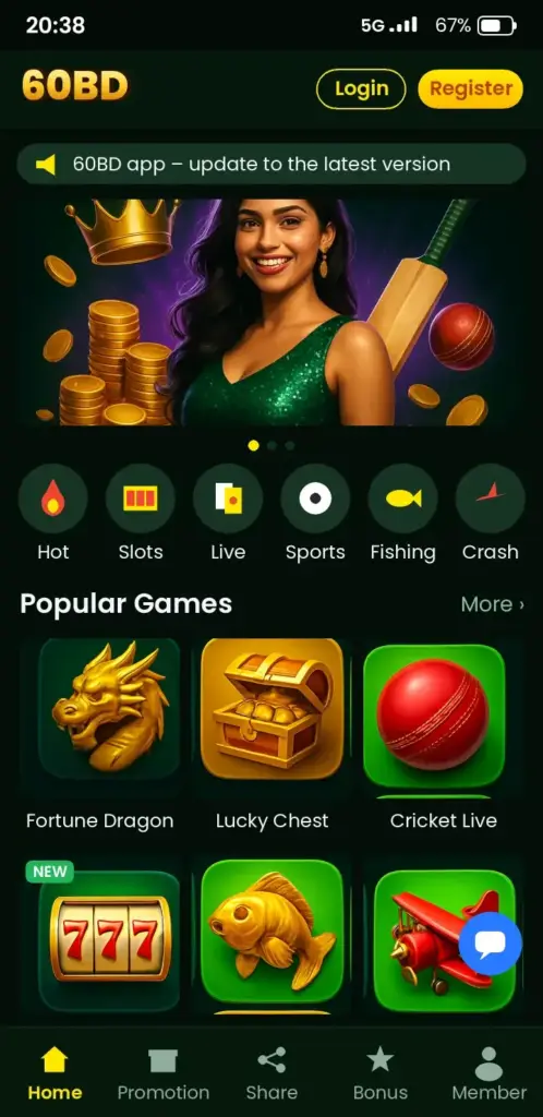 60BD app game lobby with slots, live casino and crash games