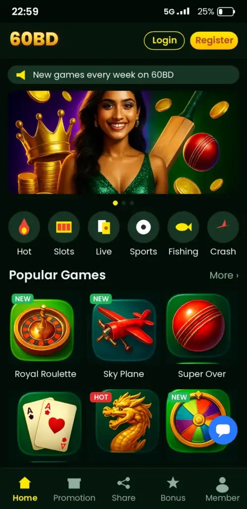 60BD app game lobby with slots, live casino and crash games