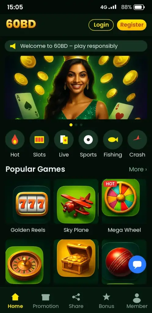 60BD app game lobby with slots, live casino and crash games