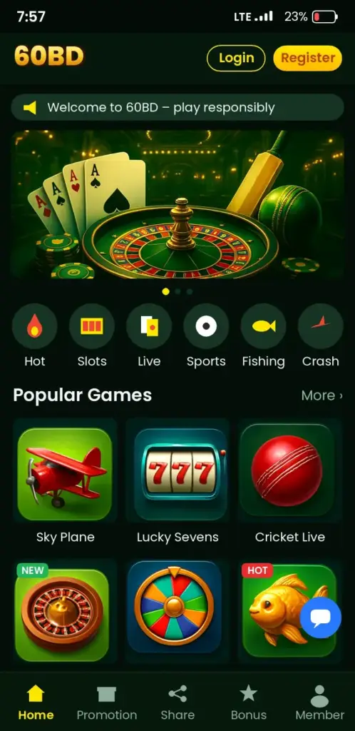 60BD app game lobby with slots, live casino and crash games