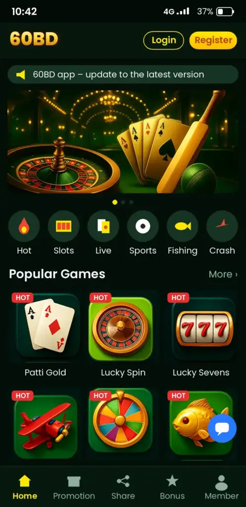60BD app game lobby with slots, live casino and crash games