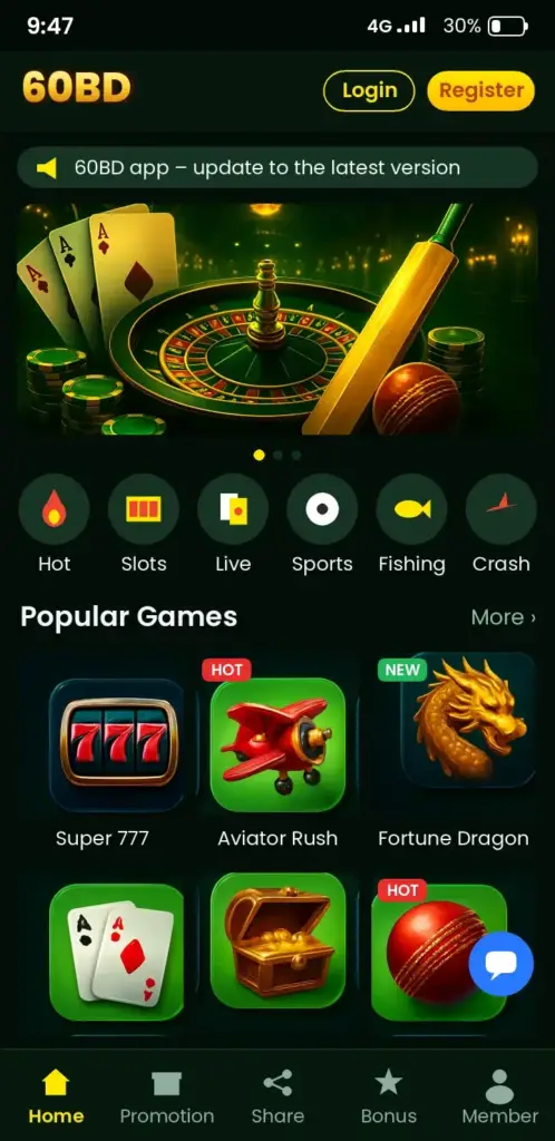 60BD Slots – app game lobby with slots, live casino and crash games