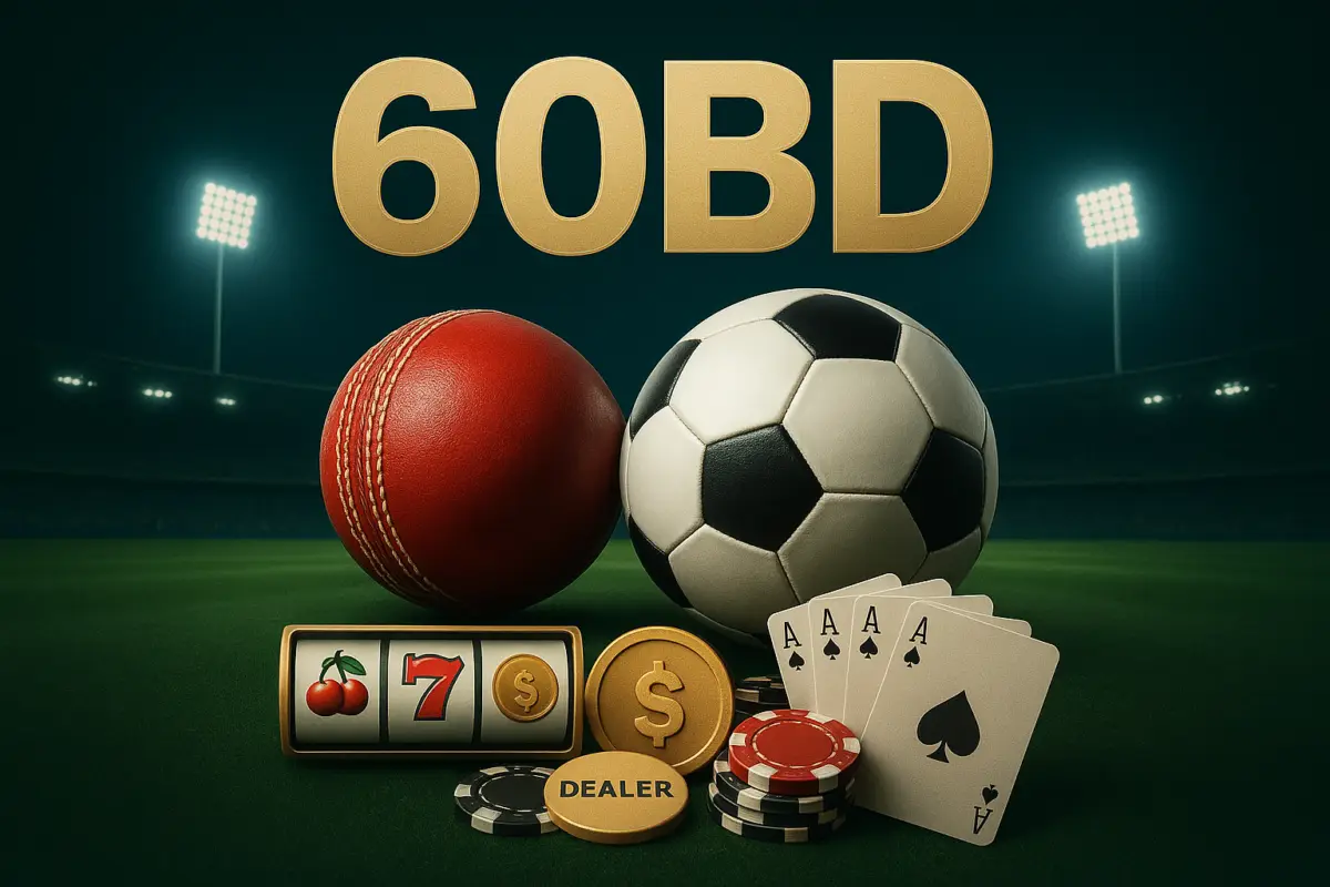 60BD (BD 60BD Games) slots game screen with five reels, a spin button and a stake selector on a phone